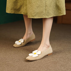 Iman Camel Suede Square Toe Floral Flats Newgew