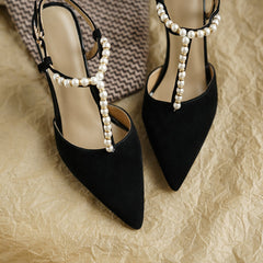 Fern T Strap Heels with Pearls Black Newgew