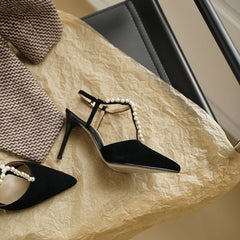 Fern T Strap Heels with Pearls Black Newgew
