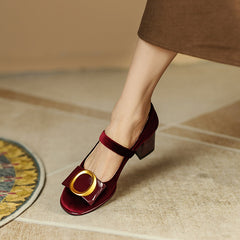 Inaya Mary Jane Burgundy Velvet Heels Newgew