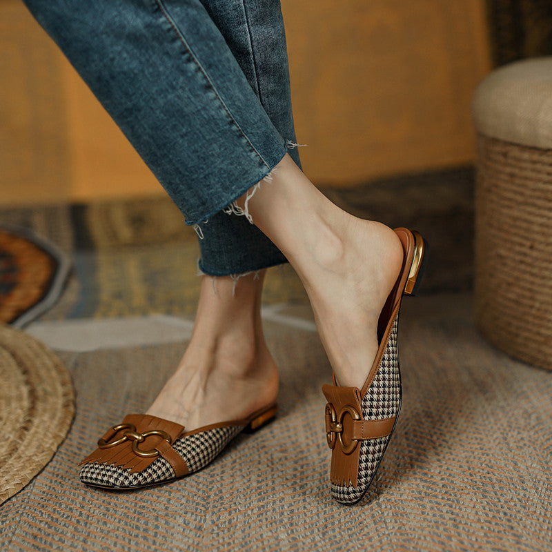 Elin Vintage Plaid Flat Mules-Brown NEW GEW