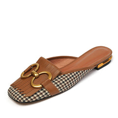 Elin Vintage Plaid Flat Mules-Brown NEW GEW