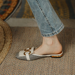 Elin Vintage Plaid Flat Mules-White NEW GEW