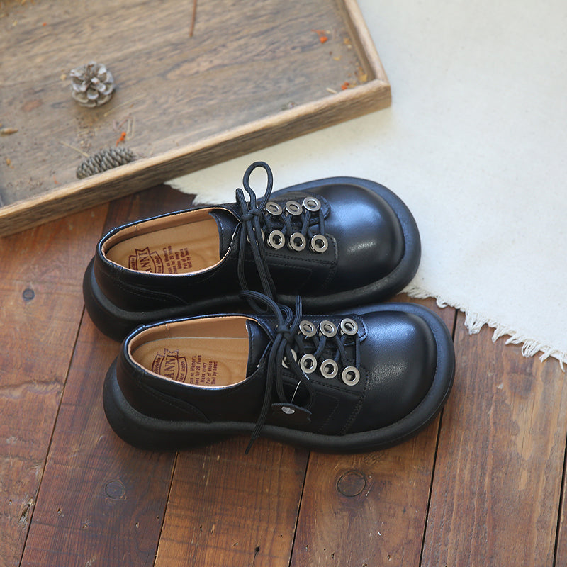 Women Retro Cowhide Lace Up Casual Shoes Newgew Shoes