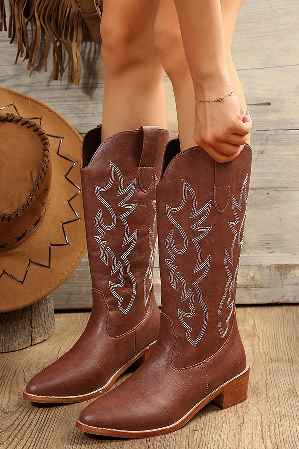 Retro Mid-Heeled Pointed Toe Western Cowboy Boots NewGew