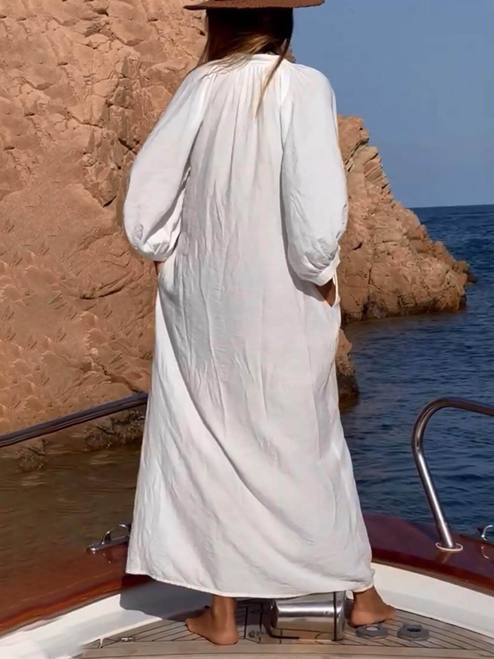 Balloon Sleeve Button Pocketed Loose Shirt Maxi Dress Newgew Dresses