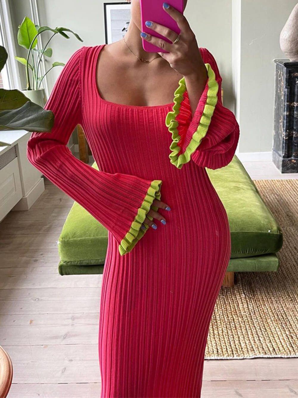 Bell Sleeve Square Neck Contrast Long Knitted Dress Newgew Dresses