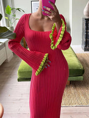 Bell Sleeve Square Neck Contrast Long Knitted Dress Newgew Dresses