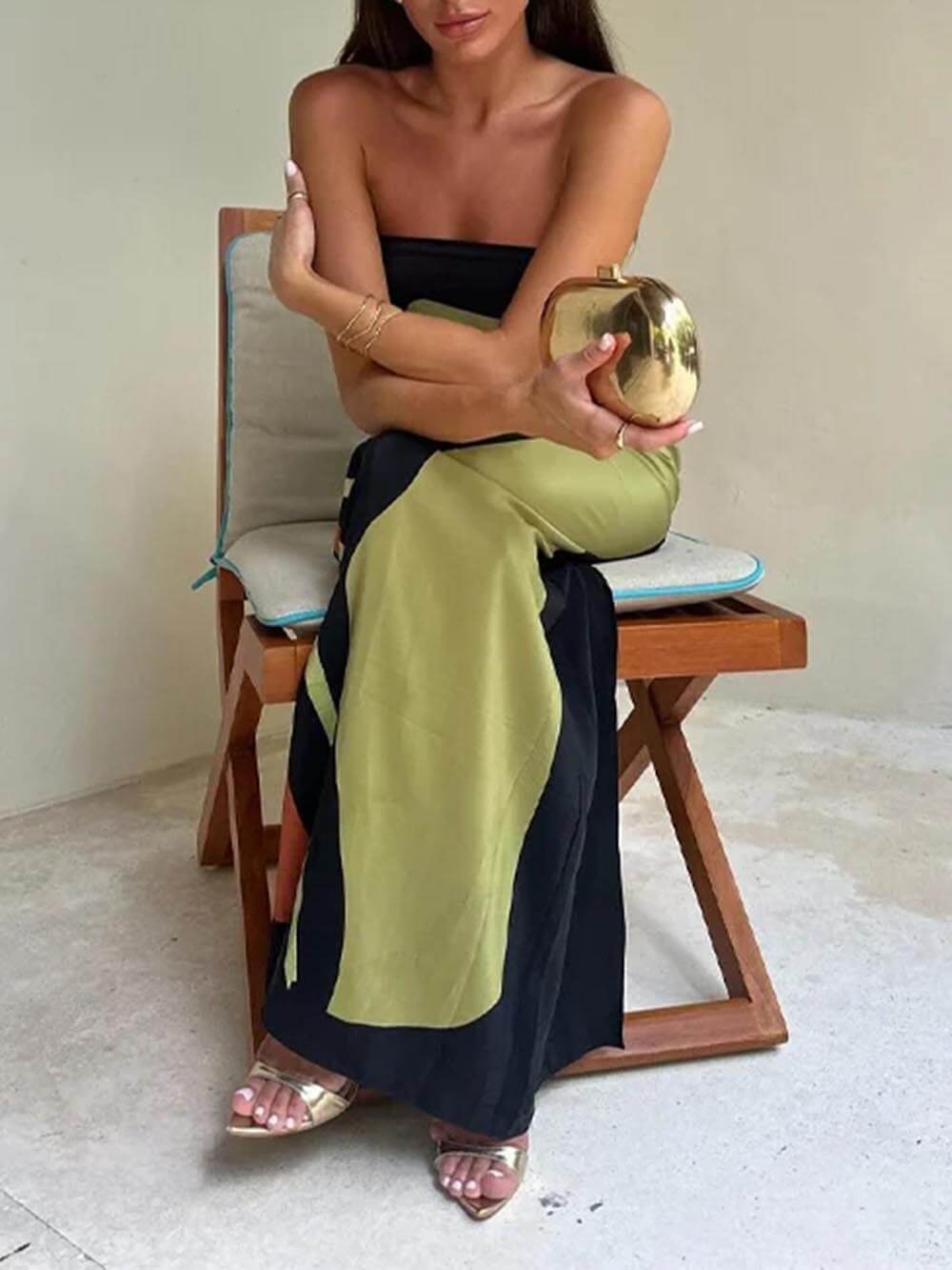 Fashion Contrast Sleeveless Off Shoulder Printed Maxi Dress Newgew Dresses