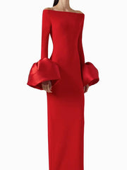 Long Sleeve Fitted Dress with Puff Sleeves and One-Shoulder Neckline Newgew Dresses