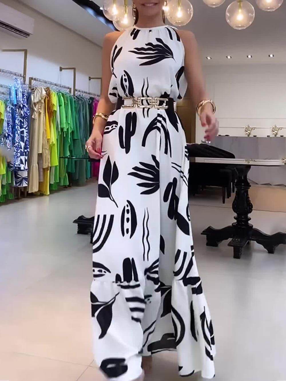 Unique Print Tie-up Neckline Loose Cocktails Maxi Dress Newgew Dresses