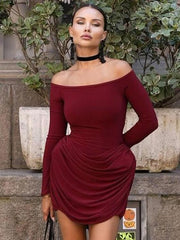 Off-Shoulder Long Sleeve Pleated Waist Mini Dress Newgew Dresses