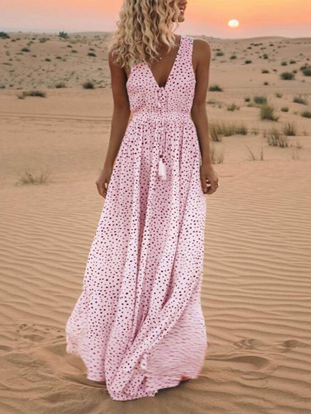 Bohemian V-Neck Sleeveless Polka-Dot Maxi Dress Newgew Dresses