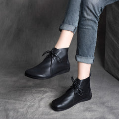 Women Solid Leather Retro Causal Flat Boots Newgew Shoes