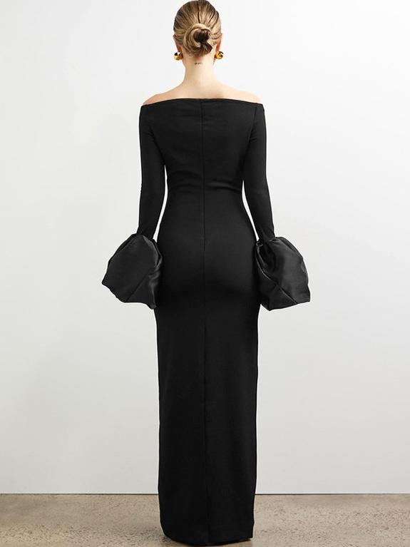Long Sleeve Fitted Dress with Puff Sleeves and One-Shoulder Neckline Newgew Dresses