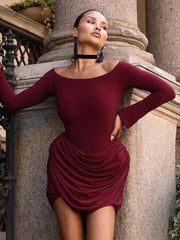Off-Shoulder Long Sleeve Pleated Waist Mini Dress Newgew Dresses