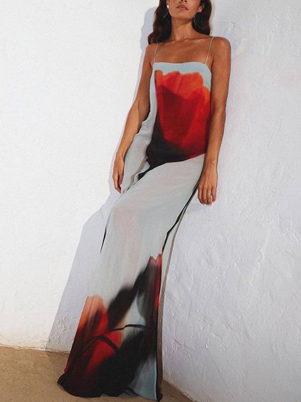 Vacation Abstract Tulip Print Slip H-Line Maxi Dress Newgew Dresses