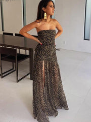 Strapless Leopard Print High Slit Mesh Panel Dress Newgew Dresses