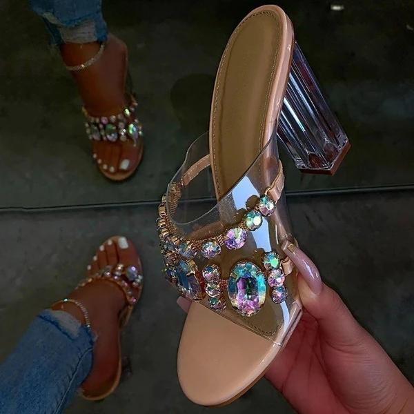 Rhinestone Chunky Heel Slip-On Flip Flop Pvc Slippers NewGew