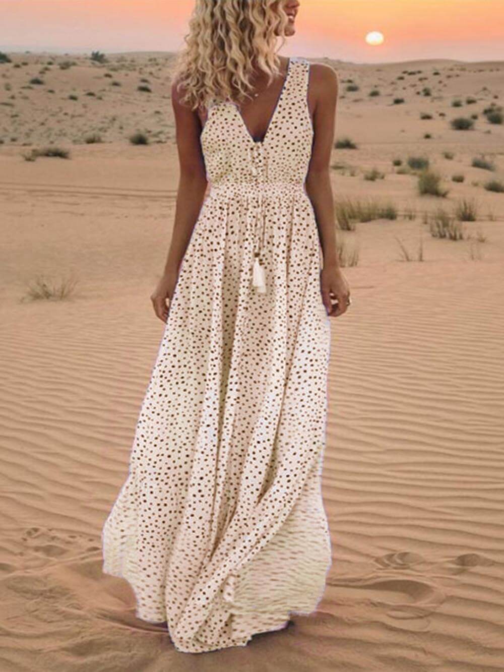 Bohemian V-Neck Sleeveless Polka-Dot Maxi Dress Newgew Dresses