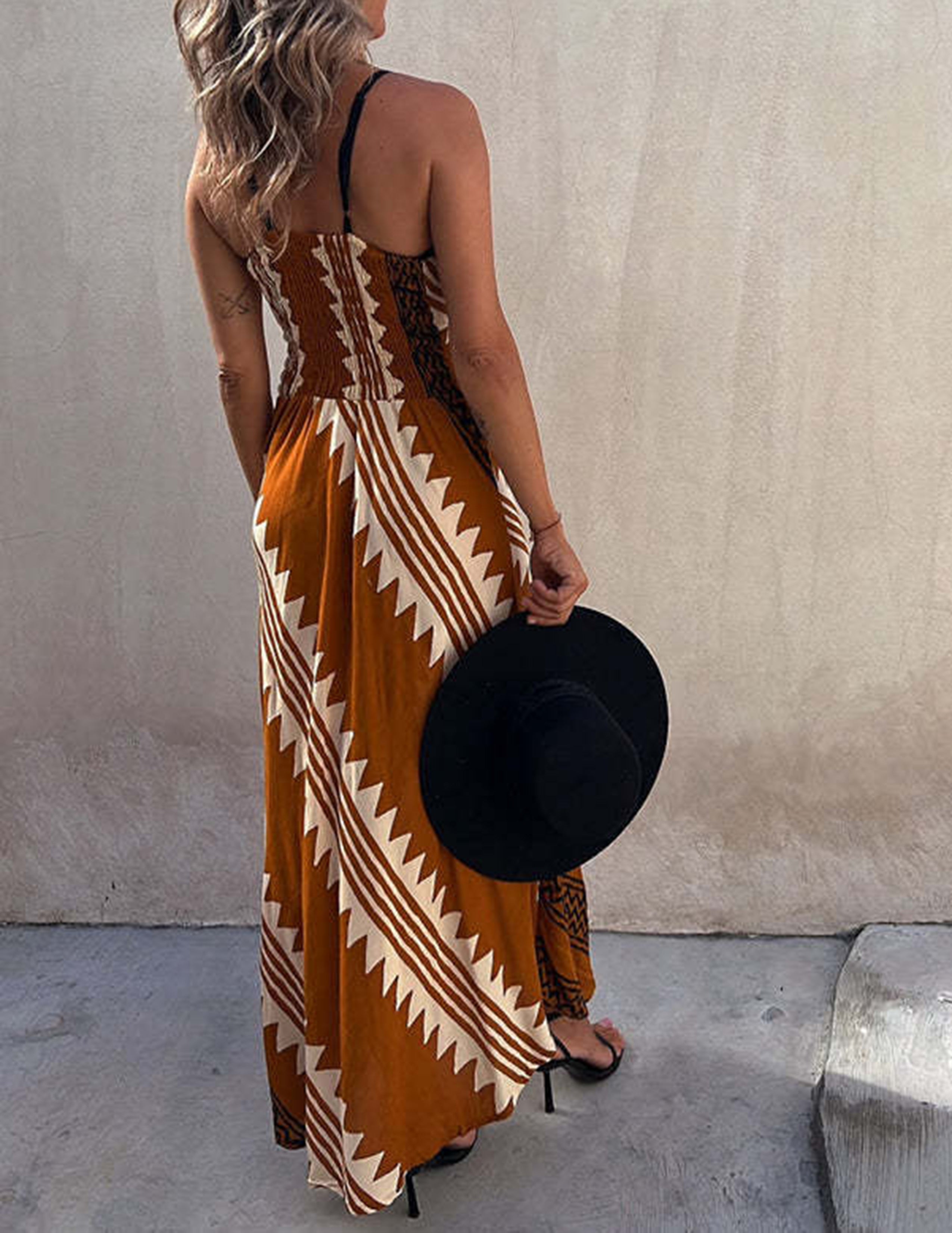 Exclusive Melody Satin Ethnic Print Smocked Back Midi Dress Newgew Dresses