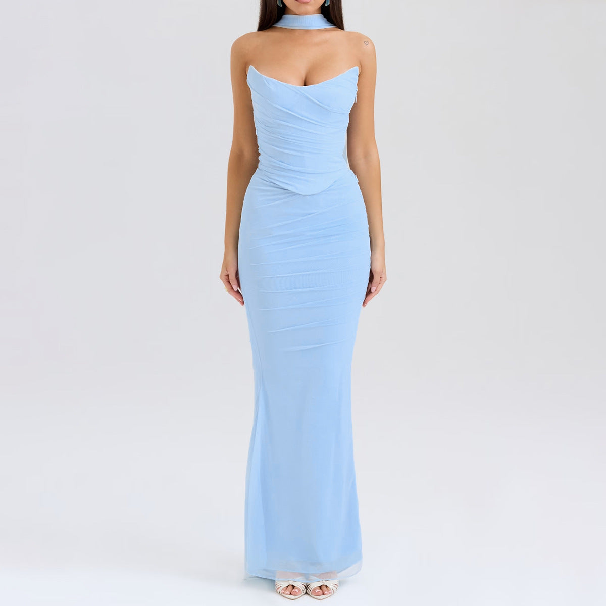 Blue Strapless Bodice and High Waist Skirt with Tie Set Newgew Dresses