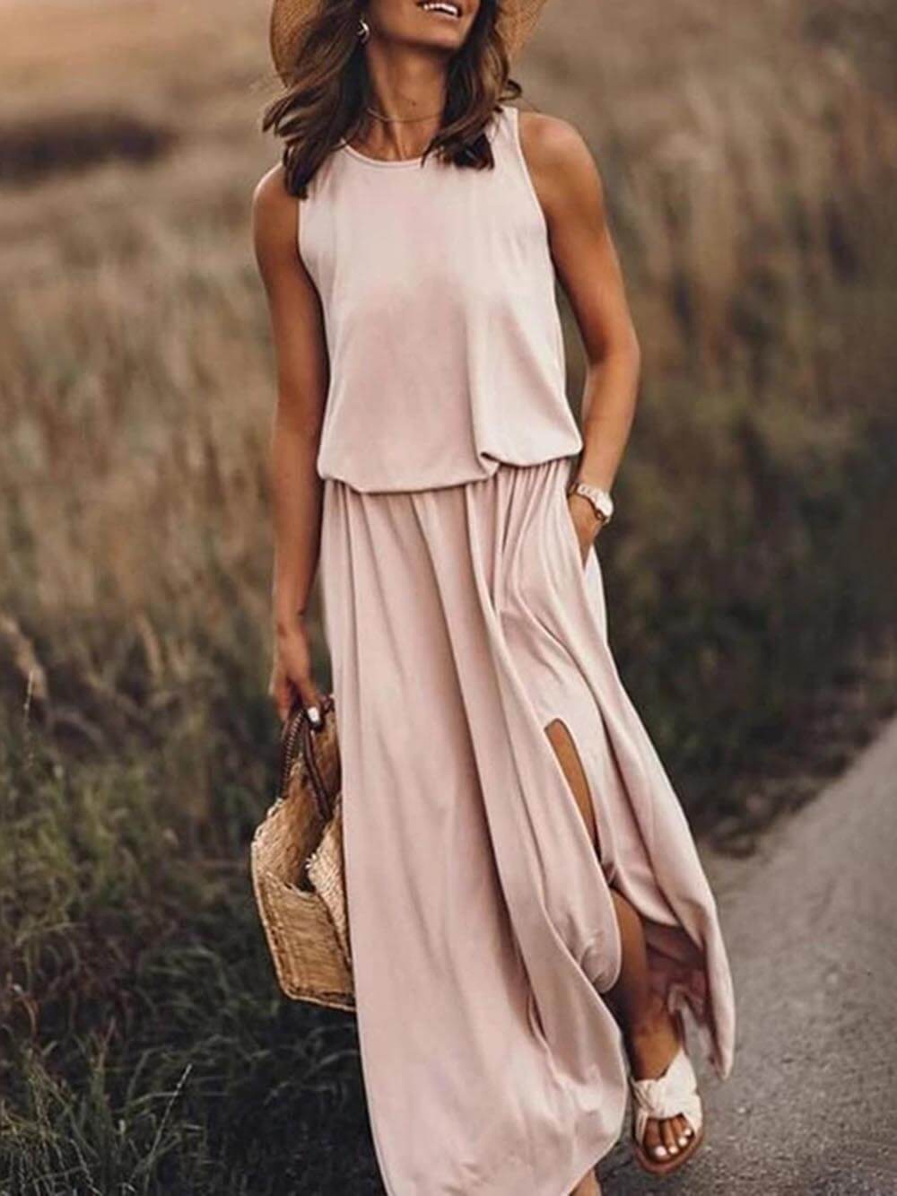 Loose Waisted Round Neck Sleeveless Slit Dress Newgew Dresses