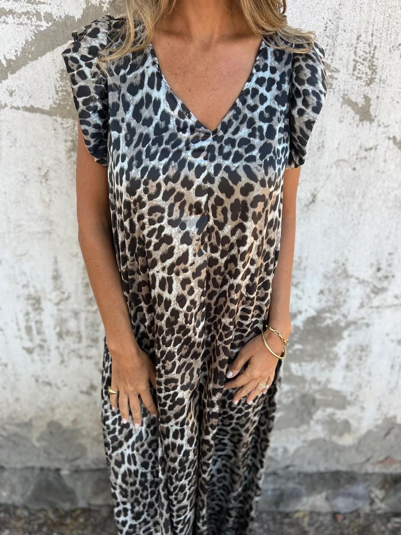 Leopard Print V-Neck Jumpsuit With Front Pockets Newgew Dresses