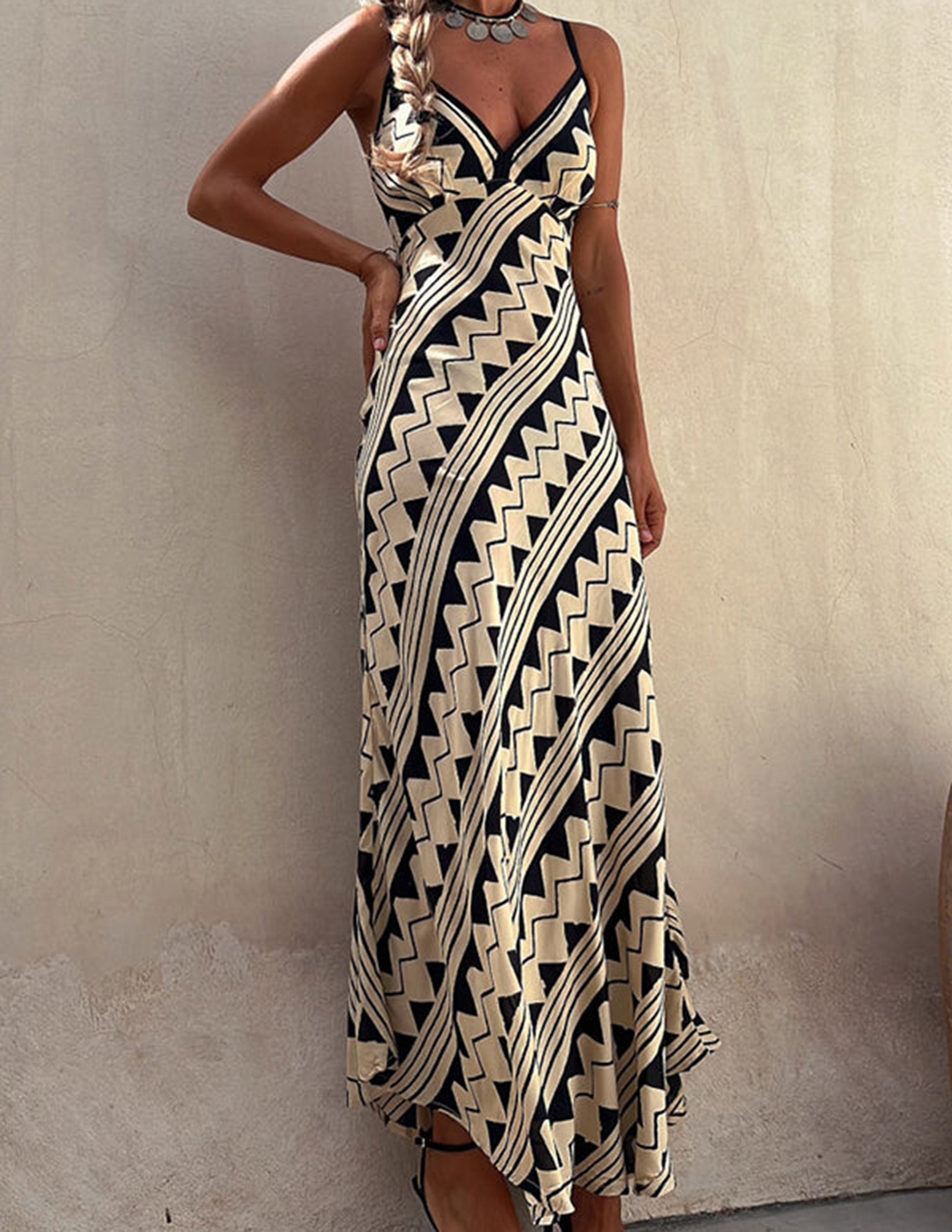 Exclusive Melody Satin Ethnic Print Smocked Back Midi Dress Newgew Dresses