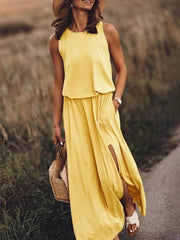 Loose Waisted Round Neck Sleeveless Slit Dress Newgew Dresses