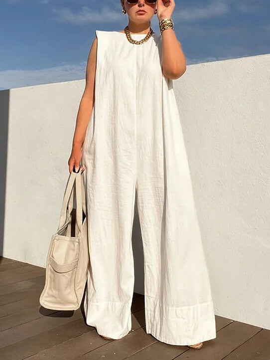 Solid Color Loose Casual Sleeveless Round Neck Wide Leg Trousers Jumpsuit Newgew Dresses