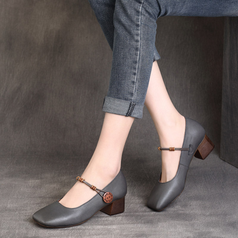 Women Solid Leather Square Head Pumps Newgew Shoes