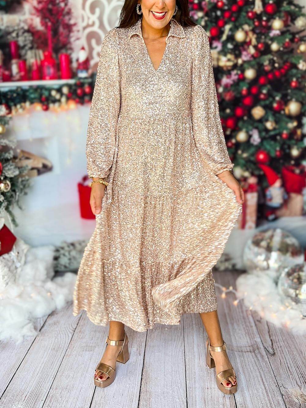 Long Sleeve V Neck Sequin Maxi Dress Newgew Dresses