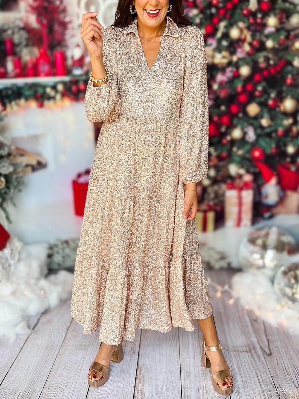 Long Sleeve V Neck Sequin Maxi Dress Newgew Dresses