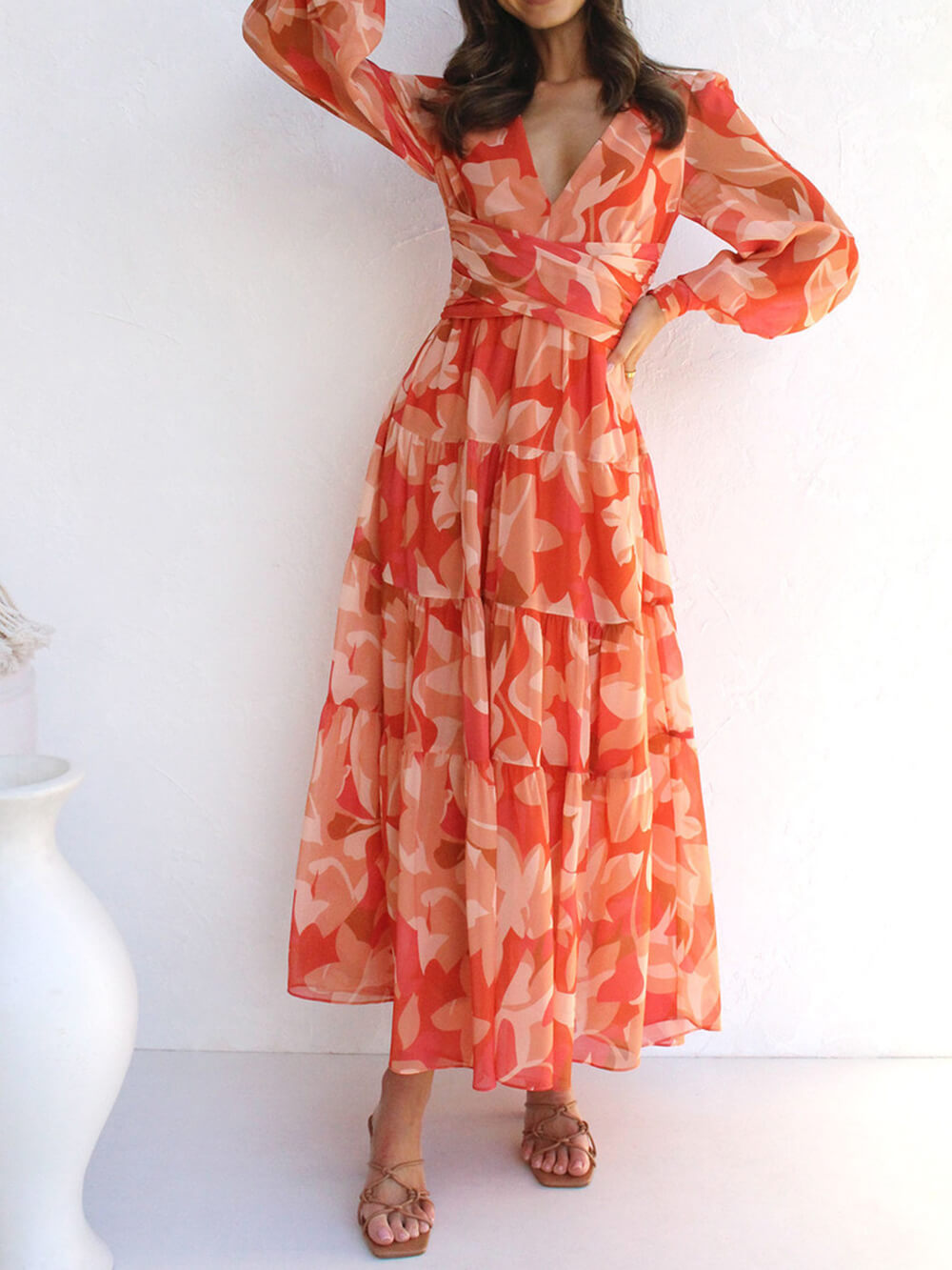 Casual Long-Sleeved V-Neck Swing Midi Dress Newgew Dresses