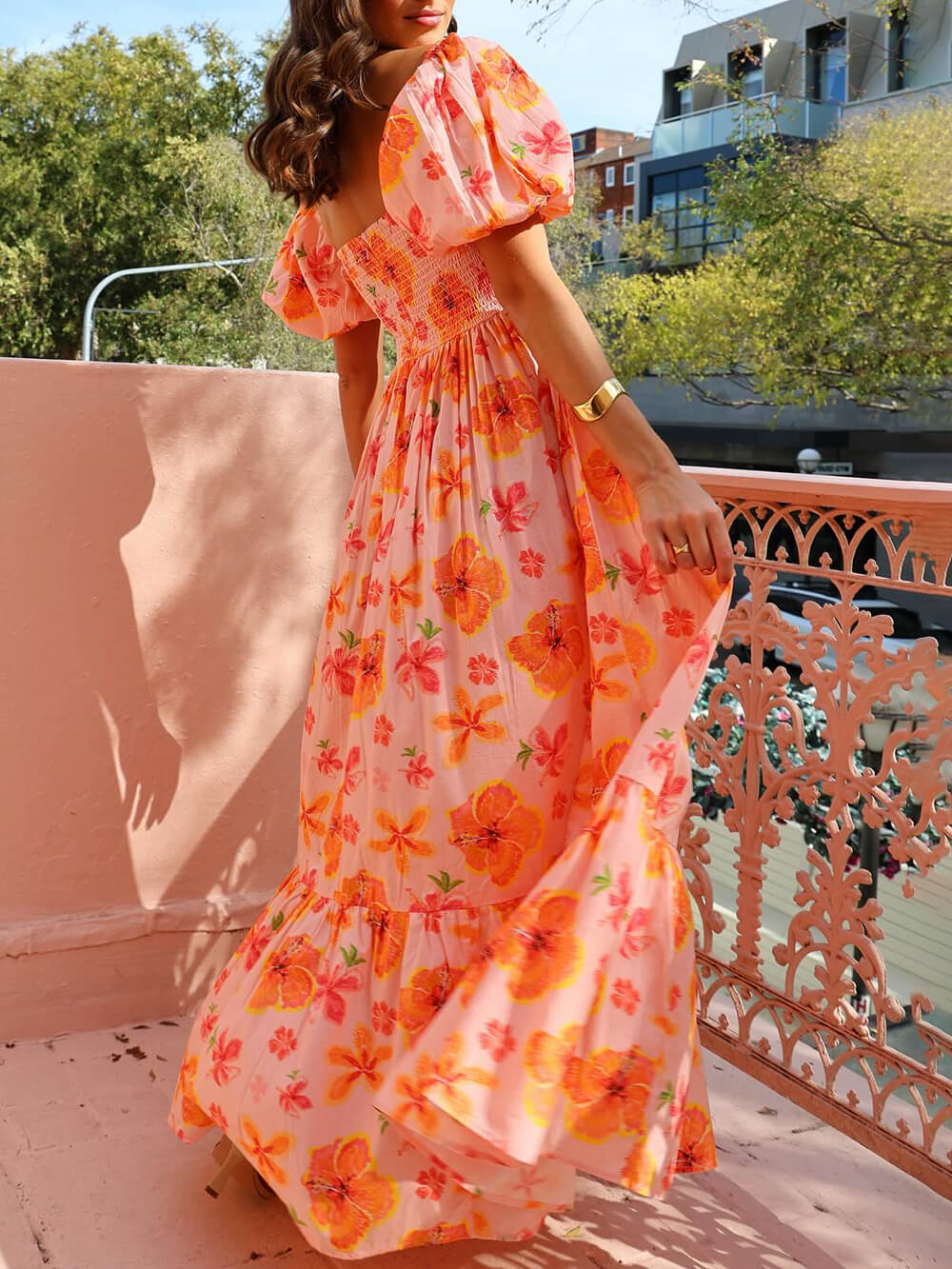 Floral Print Puff Sleeve Back Smocked Pocket Maxi Dress Newgew Dresses
