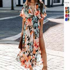 High Split V-Neck Print Dress Newgew Dresses