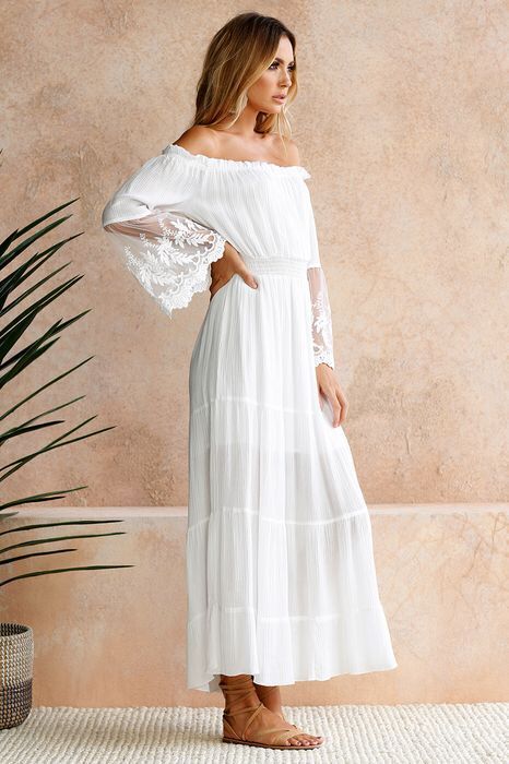Shoulder Maxi Dress: Embroidered Off Lace Flared Sleeve Newgew Dresses