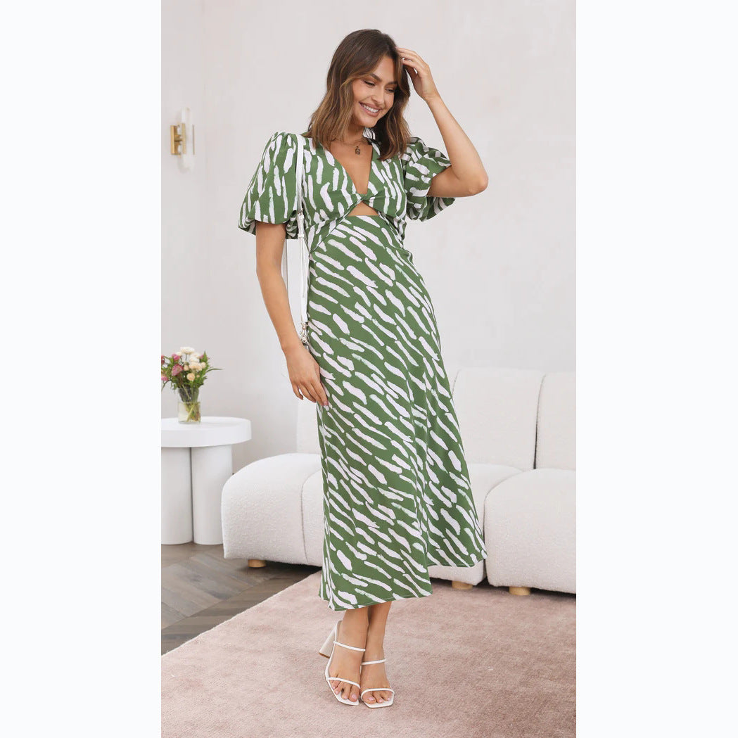 Printed V-Neck A-Line Midi Dress for a Fresh Style Newgew Dresses