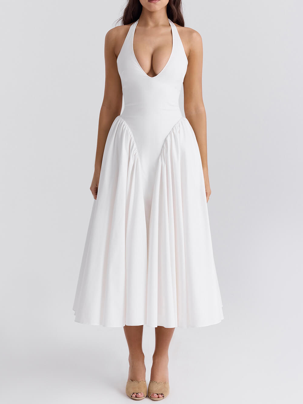 Pleated Stitching Deep V Neck Halter Waist Plain Midi Dresses Newgew Dresses