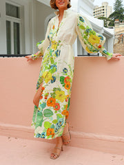 Unique Print Lantern Sleeve Cream Cardigan Style Shirt Dress Newgew Dresses