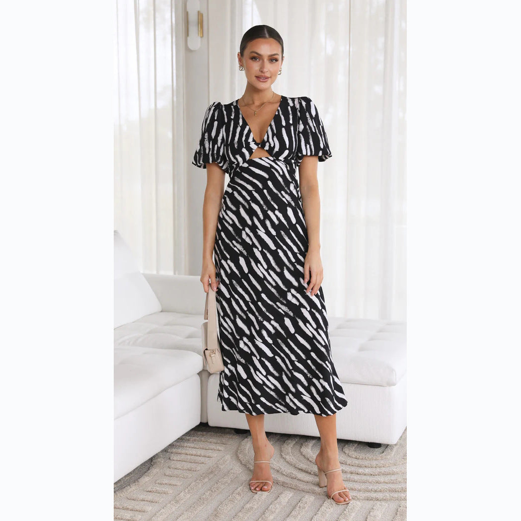 Printed V-Neck A-Line Midi Dress for a Fresh Style Newgew Dresses