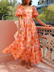 Floral Print Puff Sleeve Back Smocked Pocket Maxi Dress Newgew Dresses