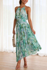 Aqua Floral Print Halter Cutout Neck Pleated Maxi Dress Newgew Dresses
