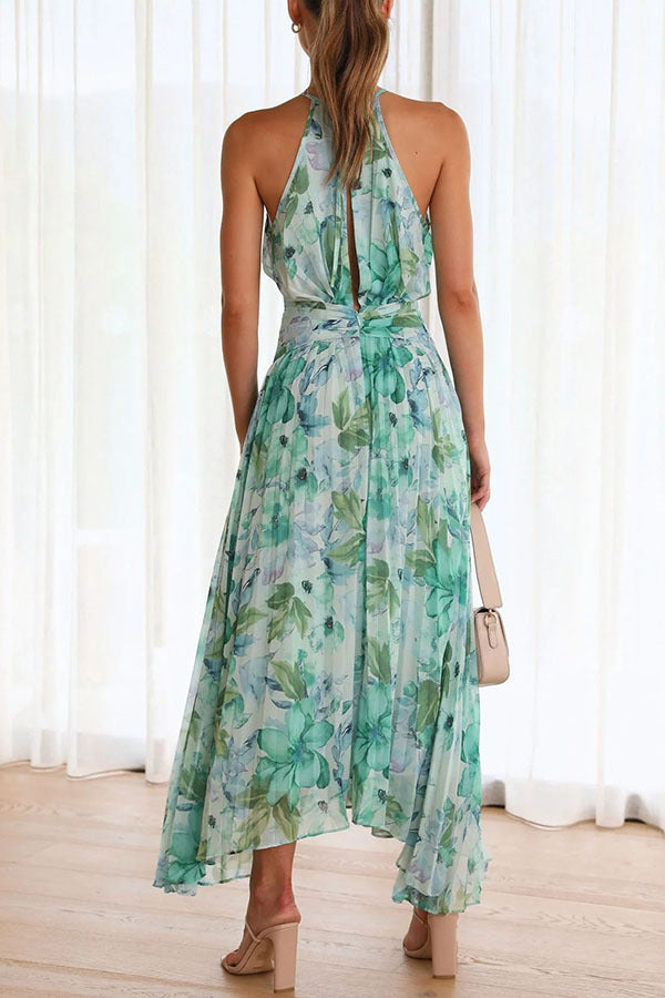 Aqua Floral Print Halter Cutout Neck Pleated Maxi Dress Newgew Dresses