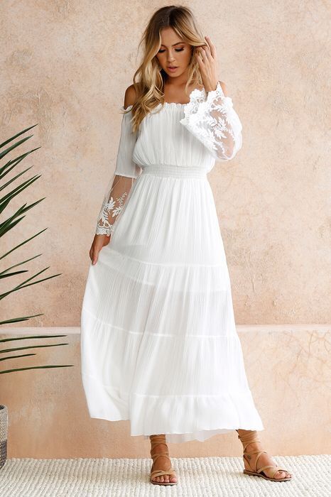 Shoulder Maxi Dress: Embroidered Off Lace Flared Sleeve Newgew Dresses