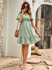 Solid Color V-neck Ruffle Sleeve Dress Newgew Dresses