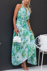 Aqua Floral Print Halter Cutout Neck Pleated Maxi Dress Newgew Dresses