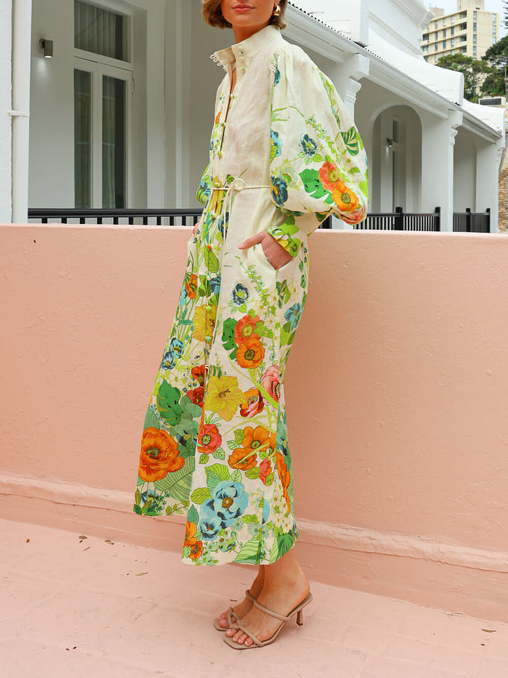 Unique Print Lantern Sleeve Cream Cardigan Style Shirt Dress Newgew Dresses