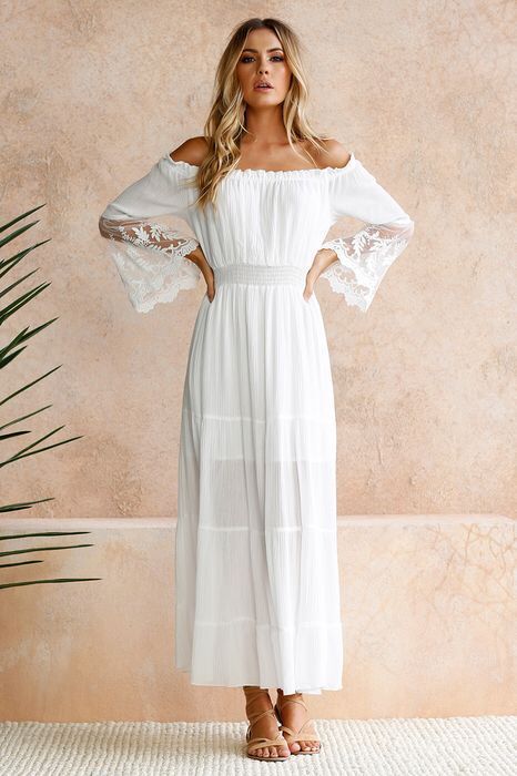 Shoulder Maxi Dress: Embroidered Off Lace Flared Sleeve Newgew Dresses